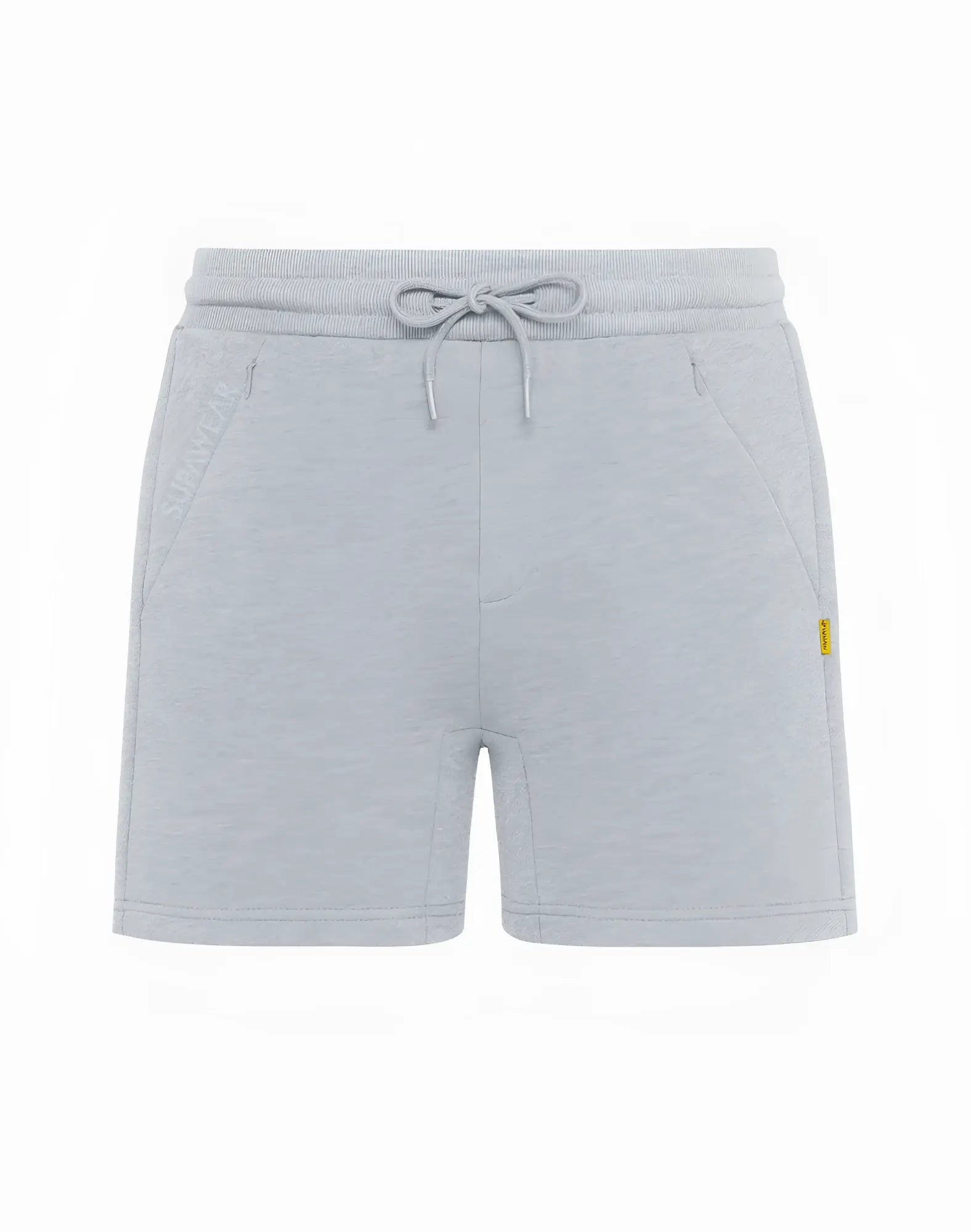 SupaWear recovery shorts in grey marle with a light gray heathered fabric, drawstring waistband, and side pockets