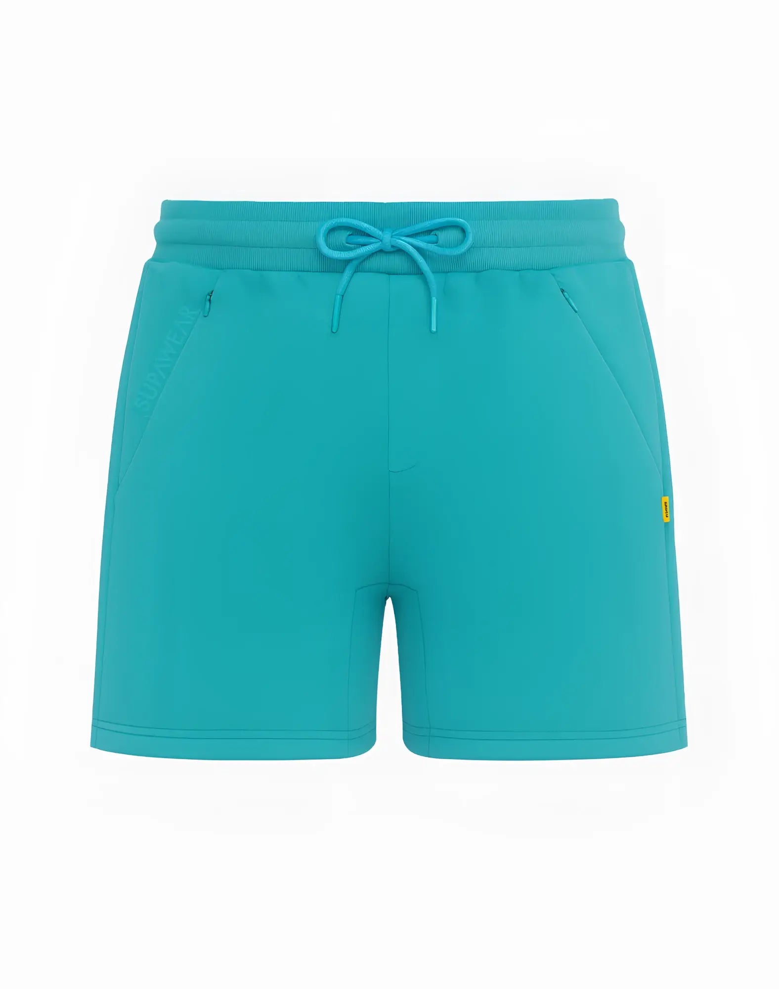 SupaWear recovery shorts in reboot green with turquoise drawstring waistband and yellow side pocket branding