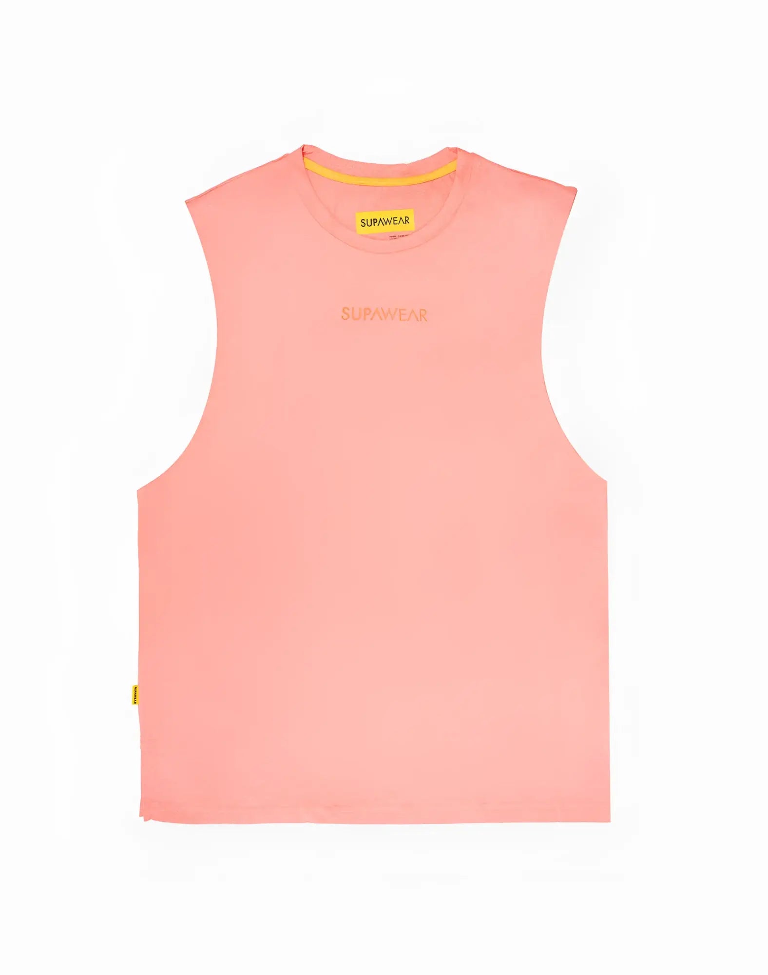 A soft pink supawear recovery tank with yellow trim collar and subtle orange supwear branding in reboot clay color