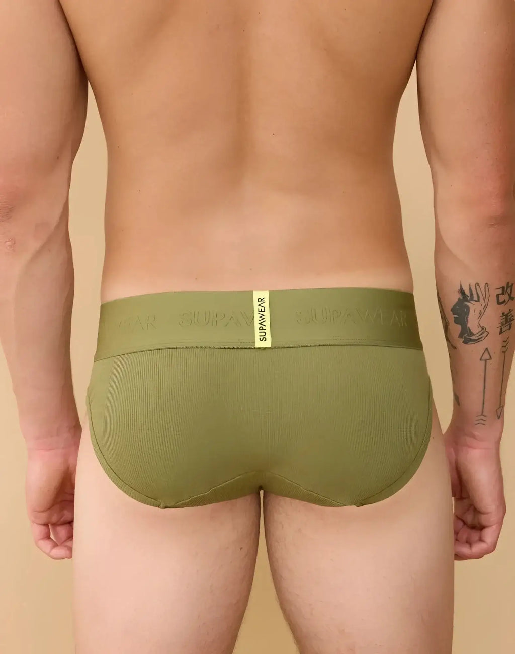 Olive green ribbed supawear briefs with matching elastic waistband embossed with supawear logo front view
