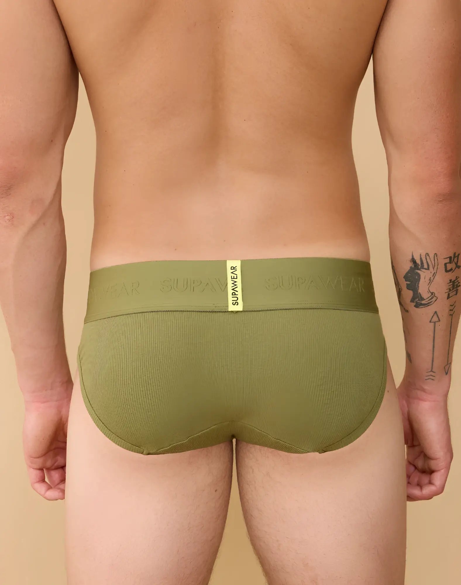 Olive green ribbed supawear briefs with matching elastic waistband embossed with supawear logo front view