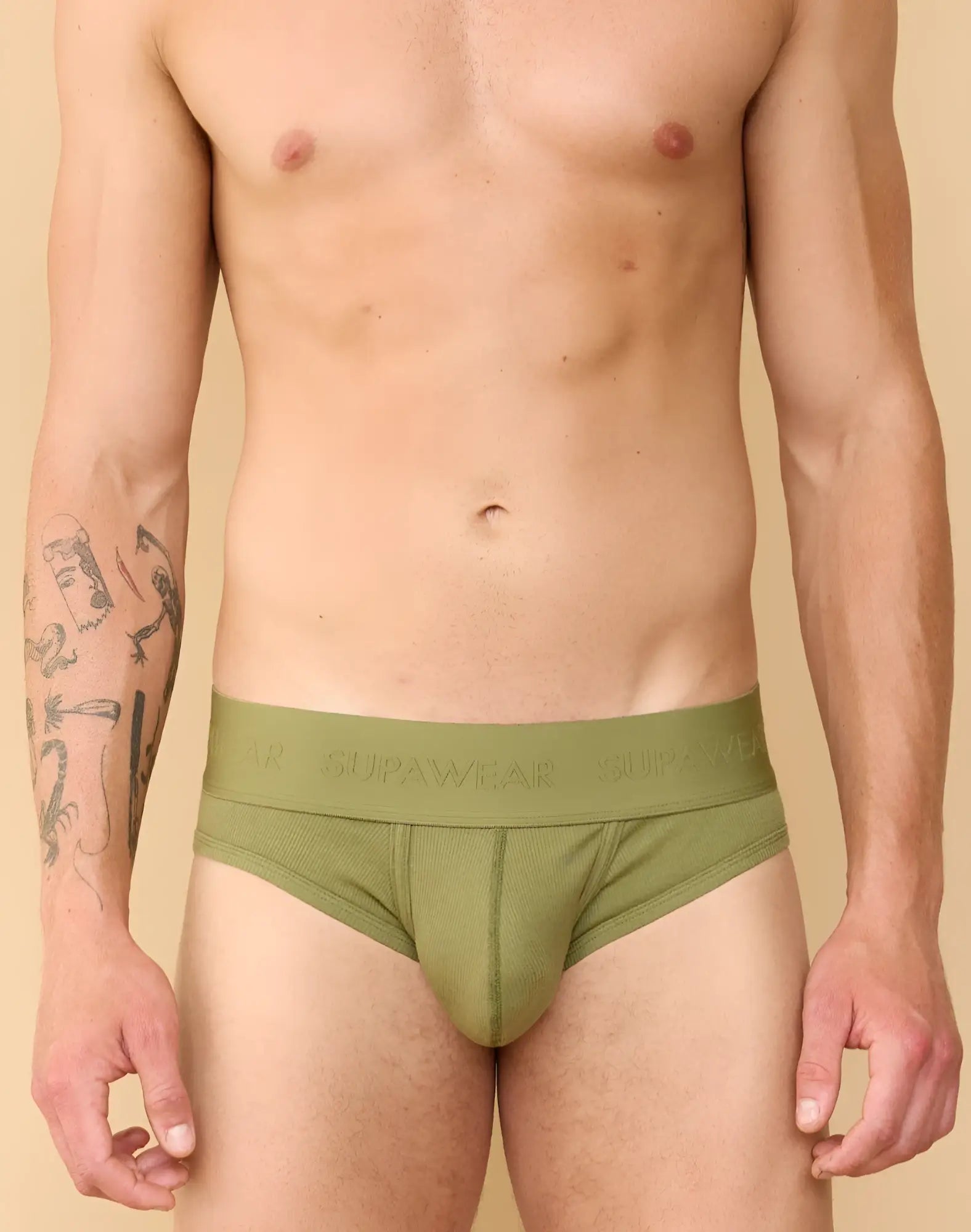 Olive green supawear ribbed briefs with textured fabric and branded waistband for comfortable everyday wear