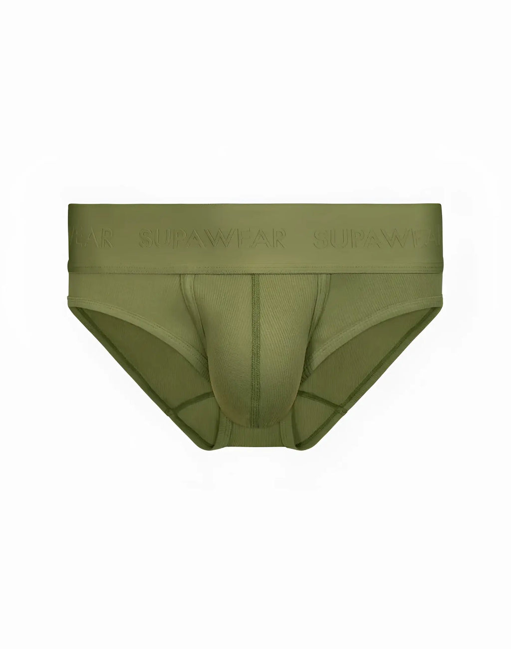 Olive green supawear ribbed briefs with a ribbed waistband and subtle brand embossing for comfortable underwear wear