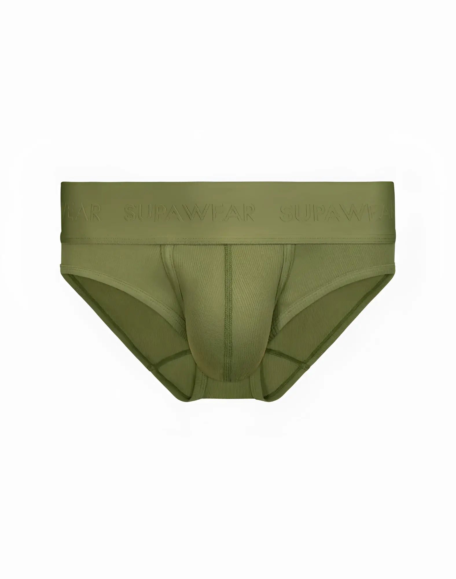 Olive green supawear ribbed briefs with a ribbed waistband and subtle brand embossing for comfortable underwear wear