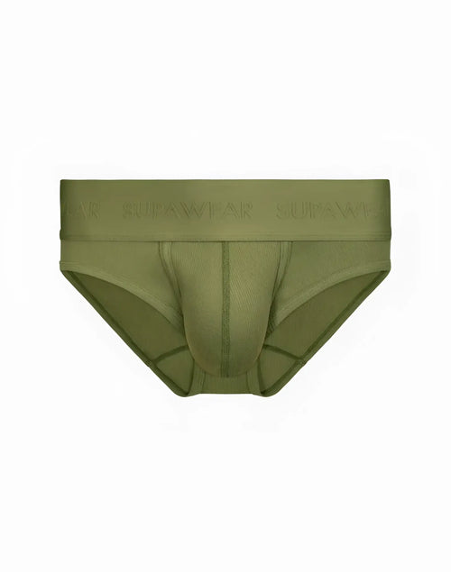 Olive green supawear ribbed briefs with a ribbed waistband and subtle brand embossing for comfortable underwear wear