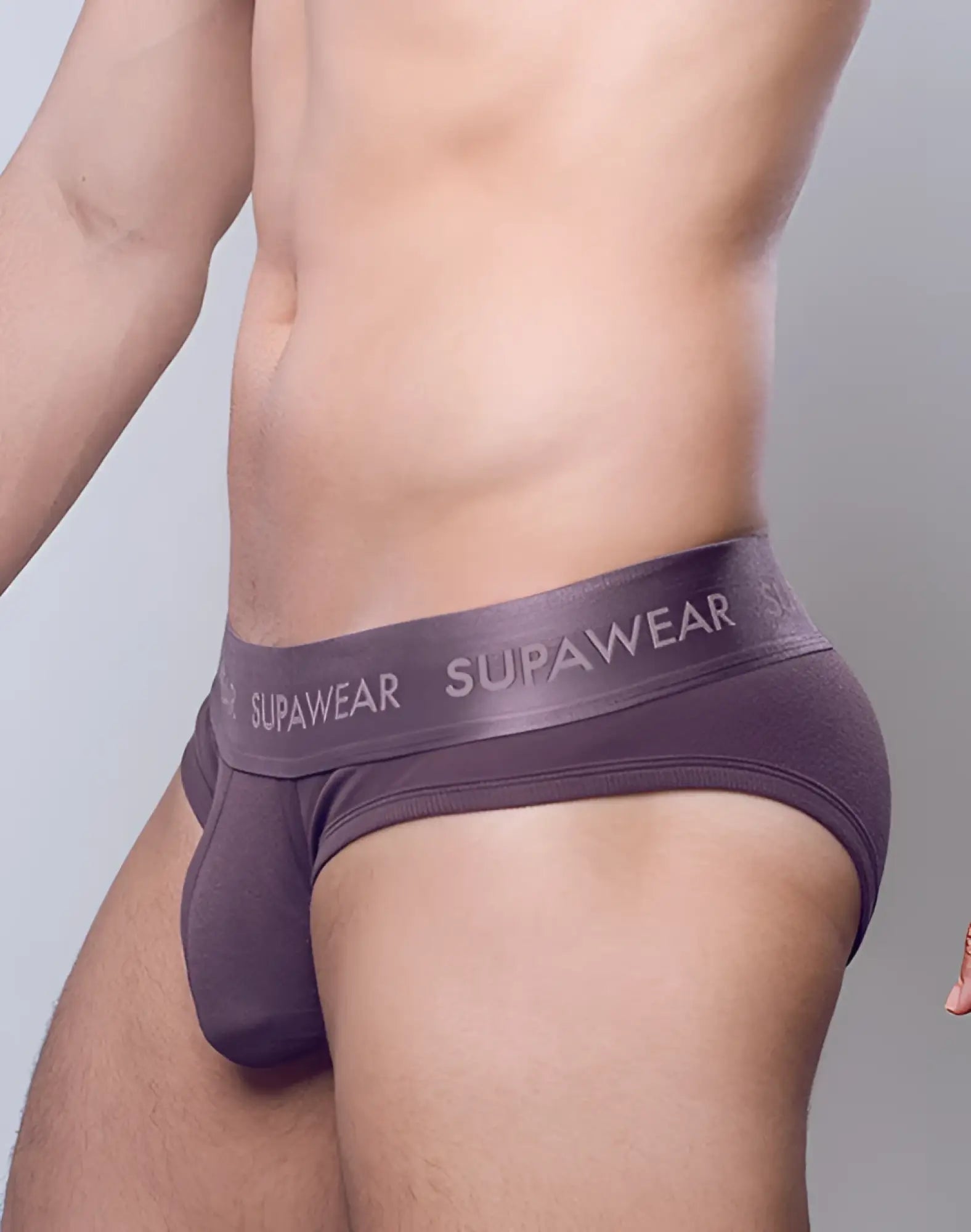 Purple supawear ribbed briefs with textured waistband and white branding in peppercorn color for comfortable wear