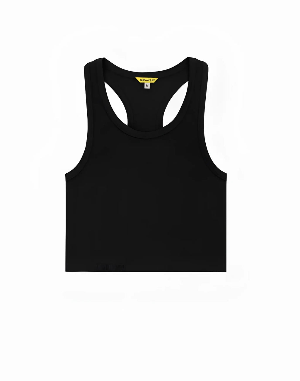 Black ribbed cropped singlet by supawear featuring a racerback design and yellow brand tag at the neckline