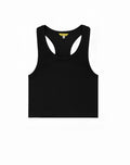 Black ribbed cropped singlet by supawear featuring a racerback design and yellow brand tag at the neckline