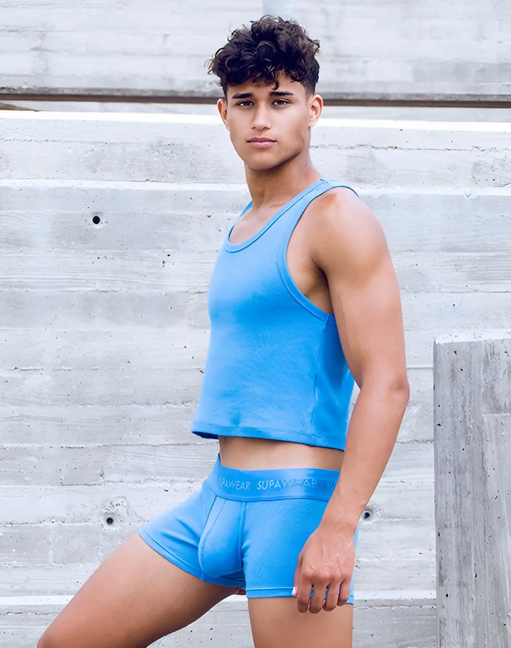 Blue supawear ribbed cropped singlet and matching briefs made of soft fabric for comfortable everyday wear