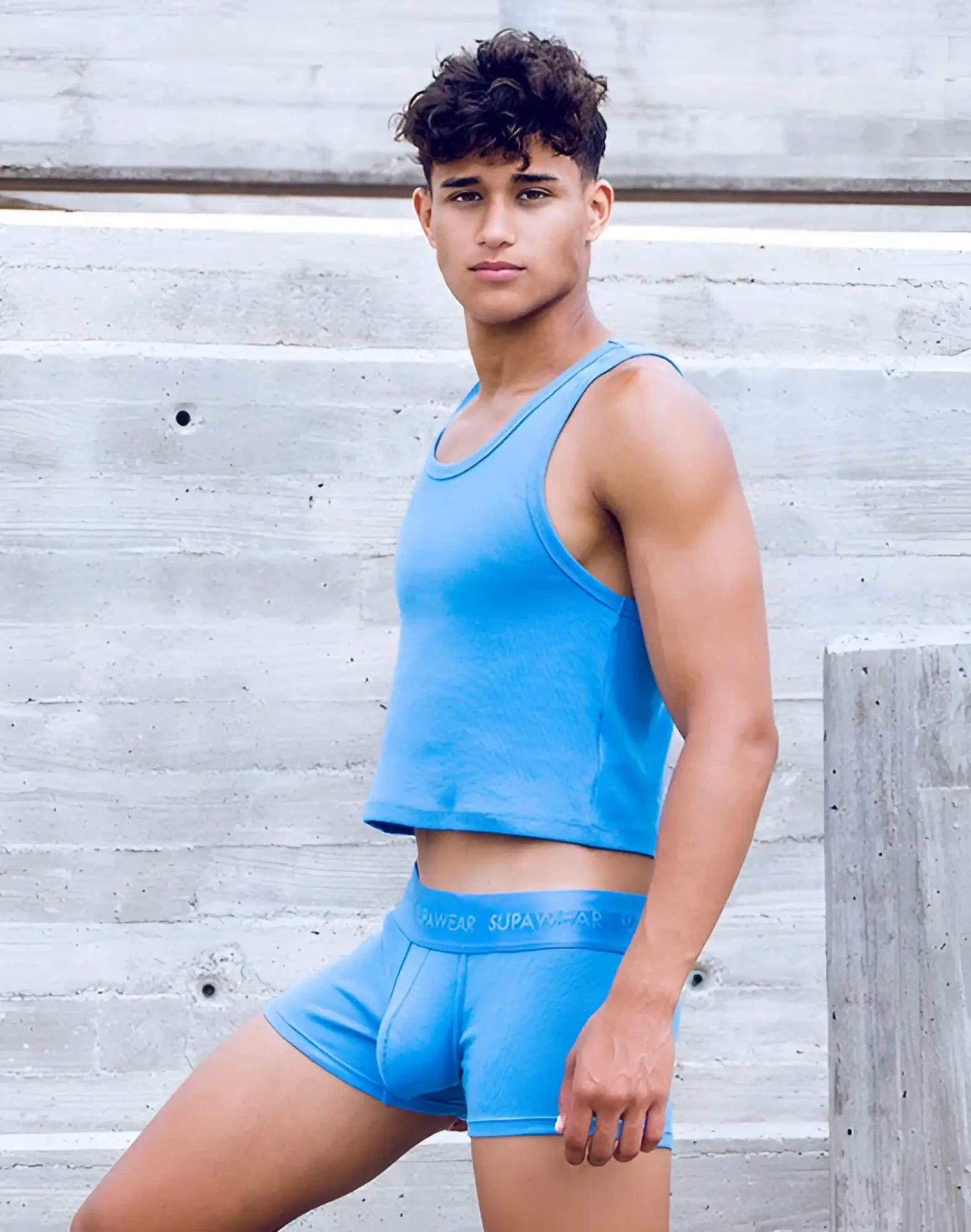 Blue supawear ribbed cropped singlet and matching briefs made of soft fabric for comfortable everyday wear