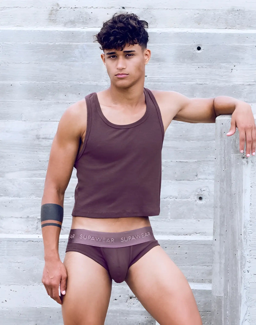 Brown supawear briefs with a ribbed waistband complementing supawear ribbed cropped singlet in peppercorn color