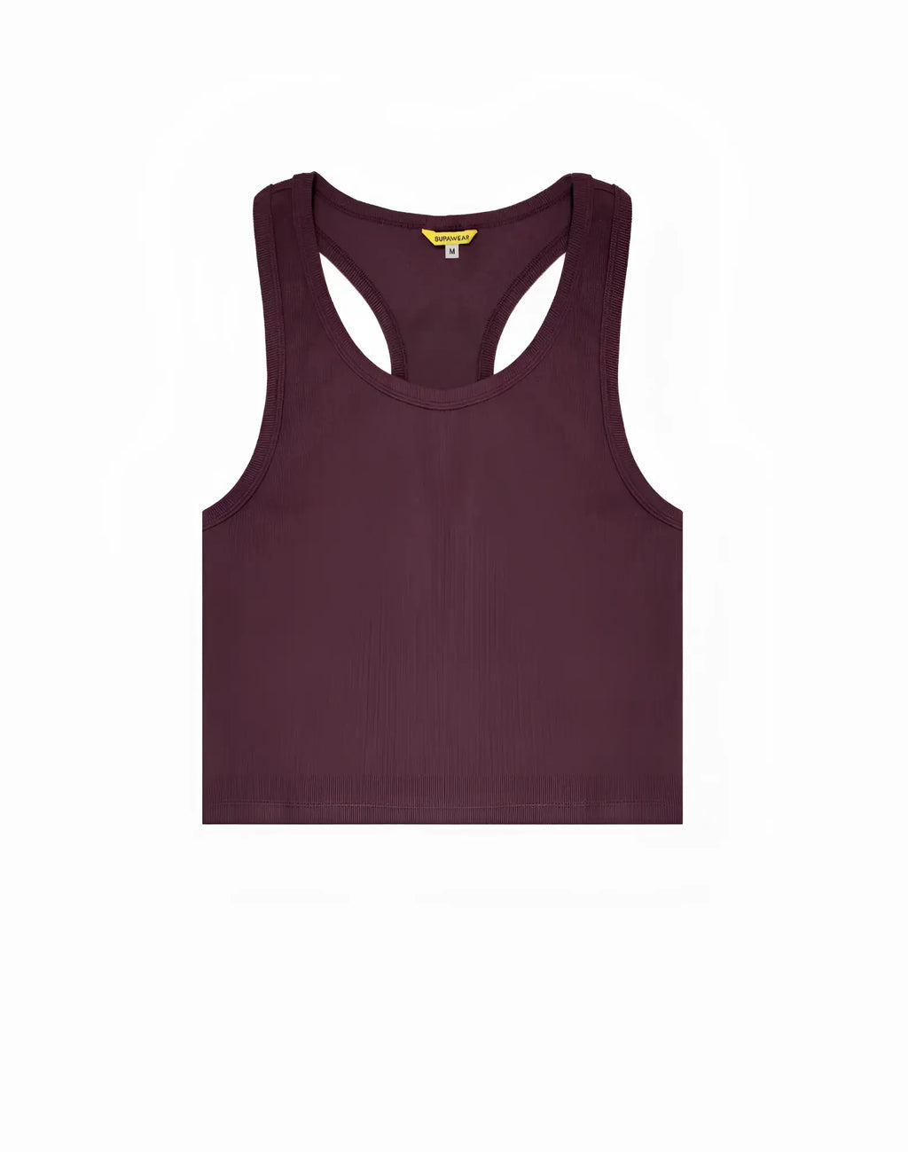 A maroon SUPAWEAR ribbed cropped singlet with smooth stretchy fabric and minimalist racerback design