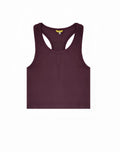 A maroon SUPAWEAR ribbed cropped singlet with smooth stretchy fabric and minimalist racerback design