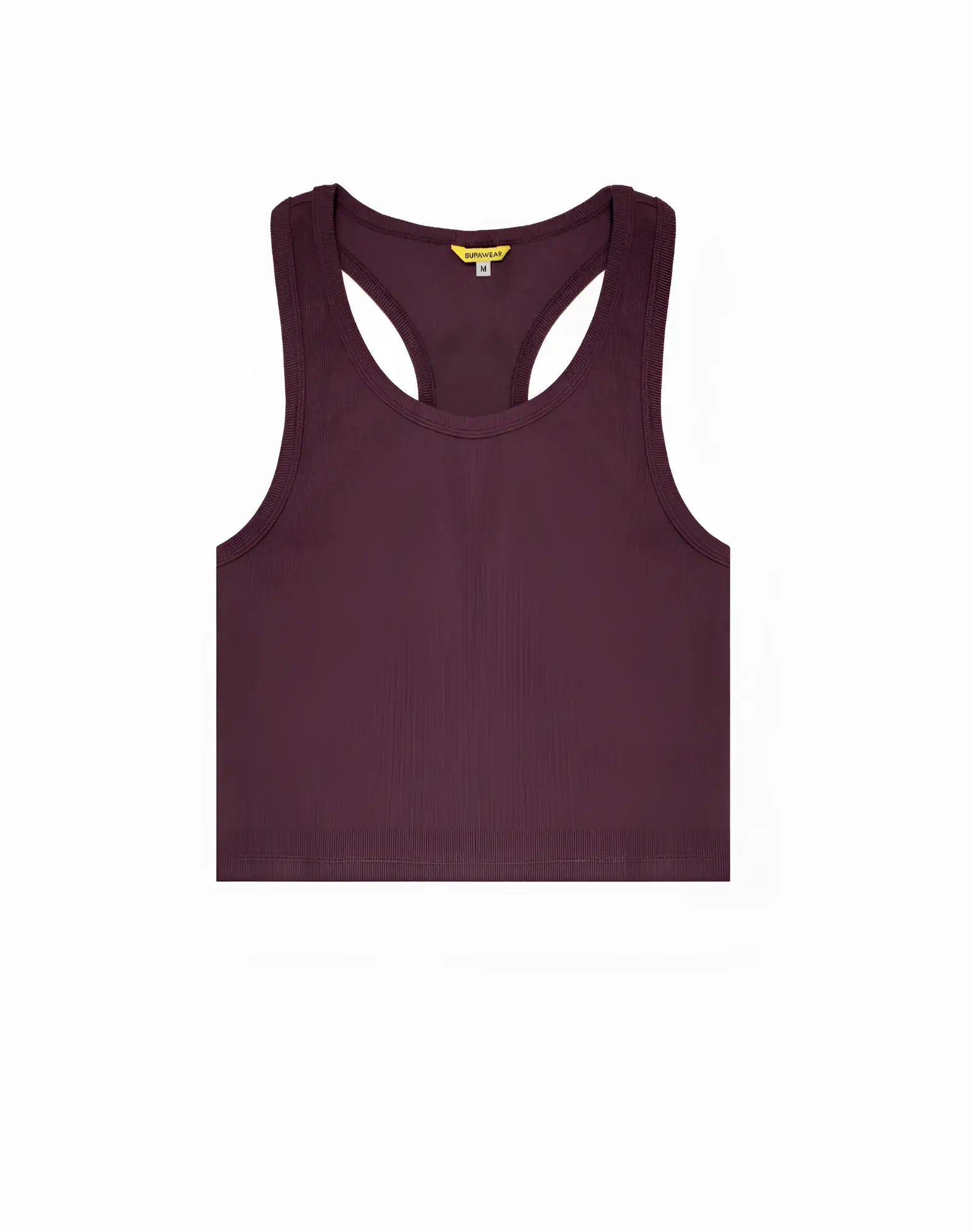 A maroon SUPAWEAR ribbed cropped singlet with smooth stretchy fabric and minimalist racerback design