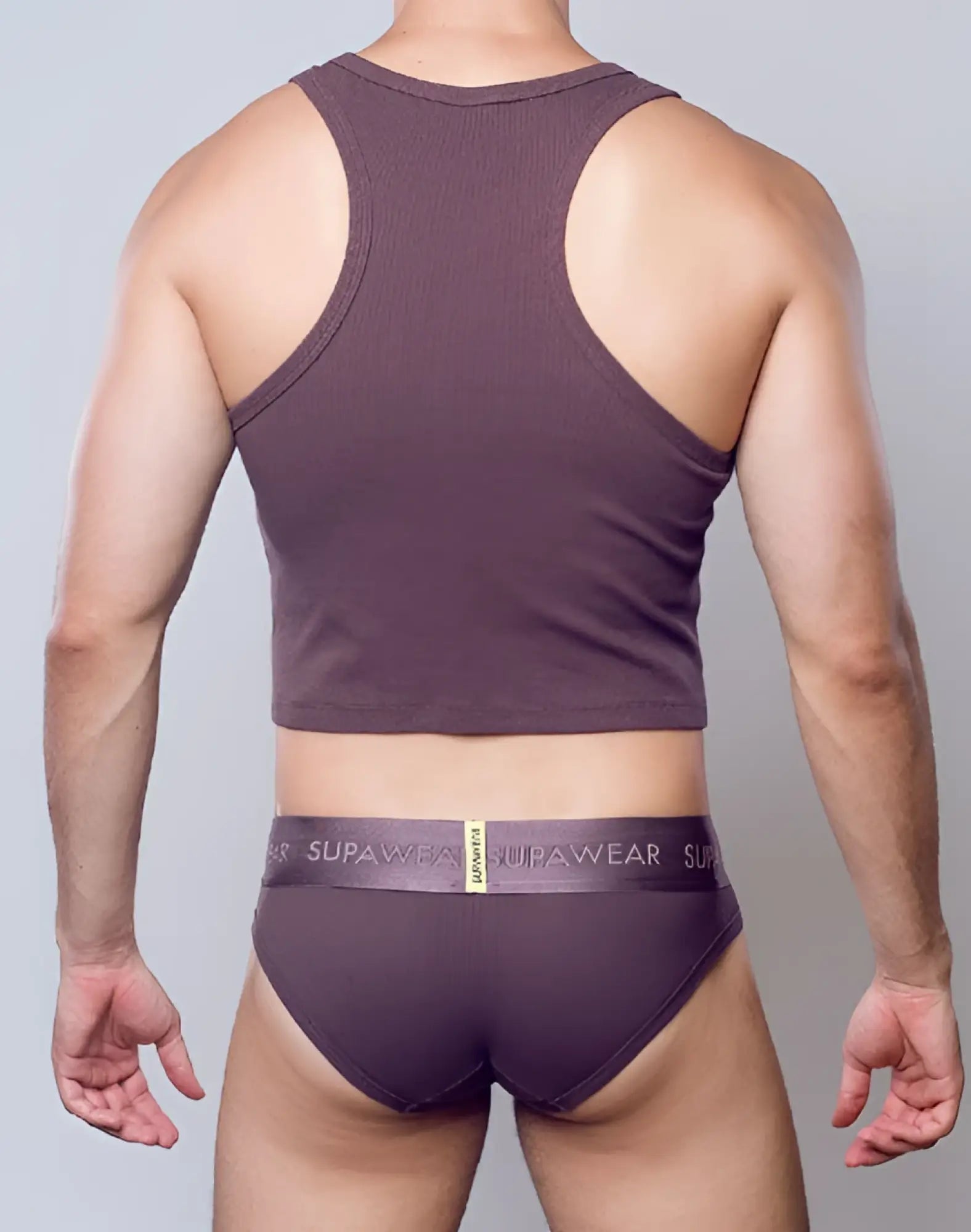Purple ribbed cropped singlet and matching briefs set with supawear logo waistband in peppercorn color
