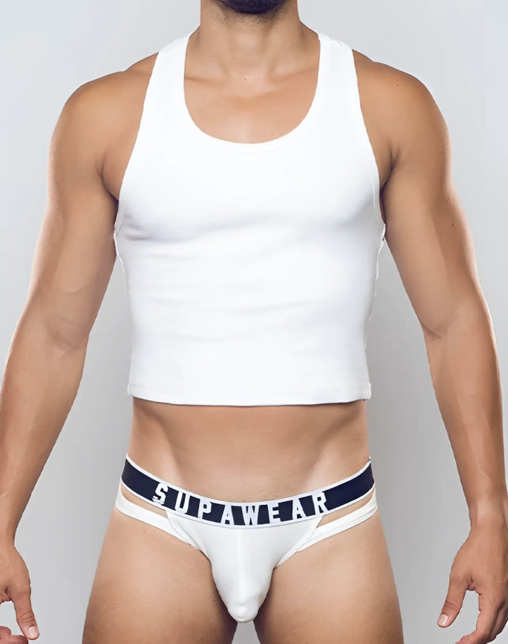 White supawear branded ribbed briefs with navy blue waistband featuring white lettering for comfortable wear