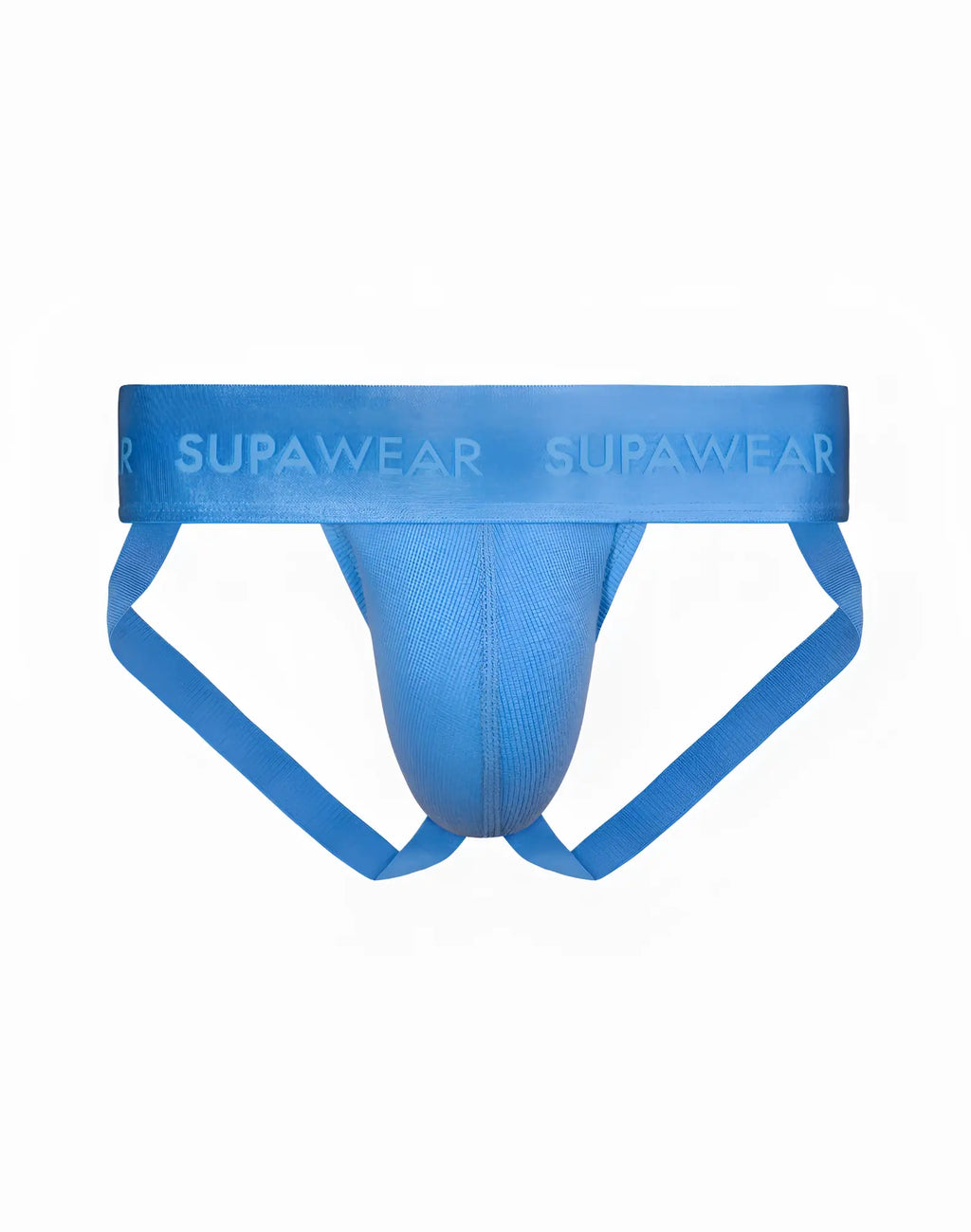 Blue supawear ribbed jockstrap underwear with matching side straps in marina color showing front view