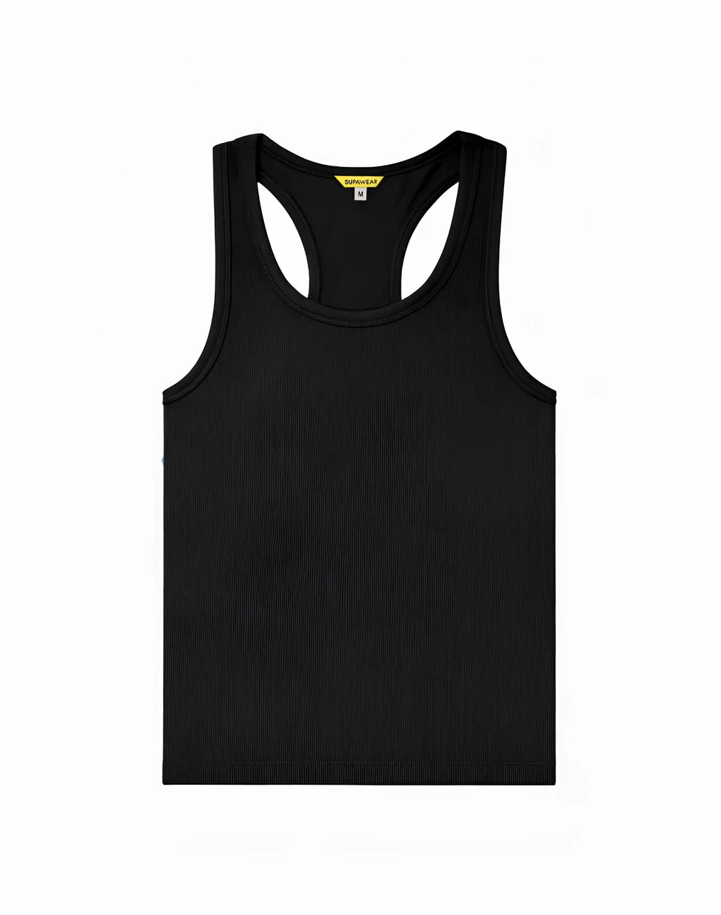 Black supawear ribbed singlet tank top with racerback design and yellow brand tag at neckline