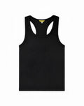 Black supawear ribbed singlet tank top with racerback design and yellow brand tag at neckline