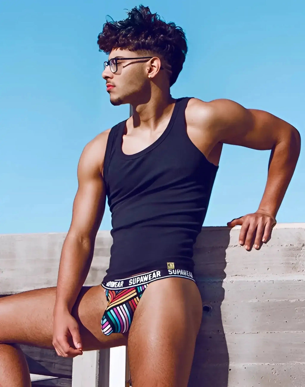 Black supawear briefs with colorful striped front pattern ribbed cotton blend for comfortable everyday wear