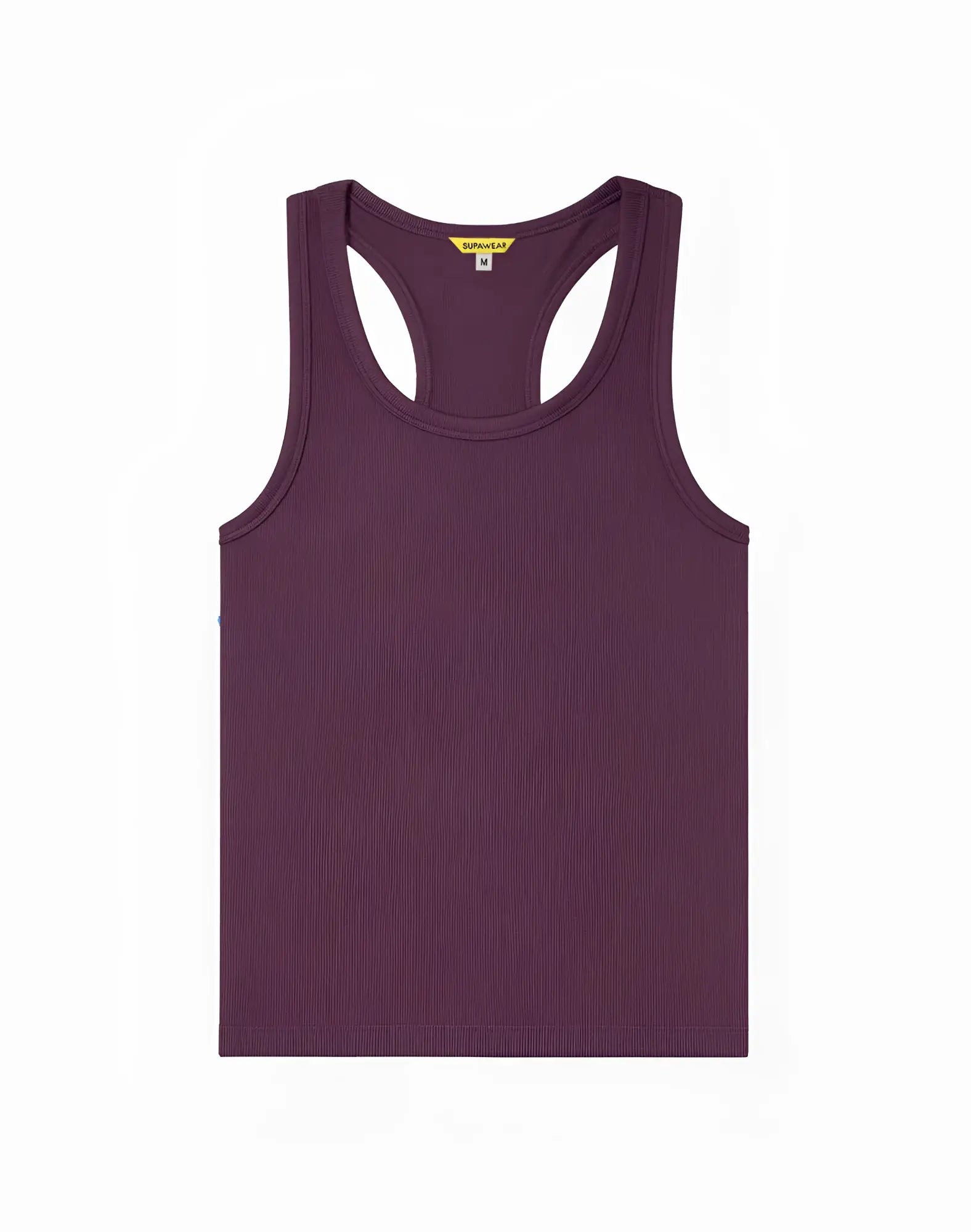 Deep purple SUPAWEAR ribbed singlet tank top with racerback design and yellow brand tag at neckline