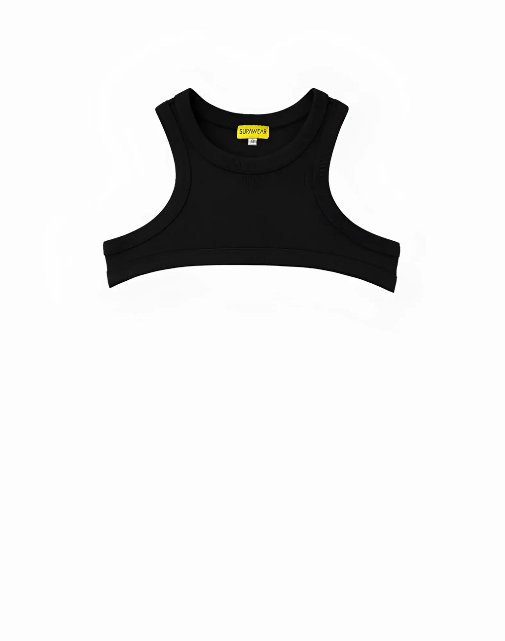 Black sleeveless ribbed cropped top with round neckline by SUPAWEAR perfect for casual wear