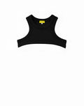 Black sleeveless ribbed cropped top with round neckline by SUPAWEAR perfect for casual wear