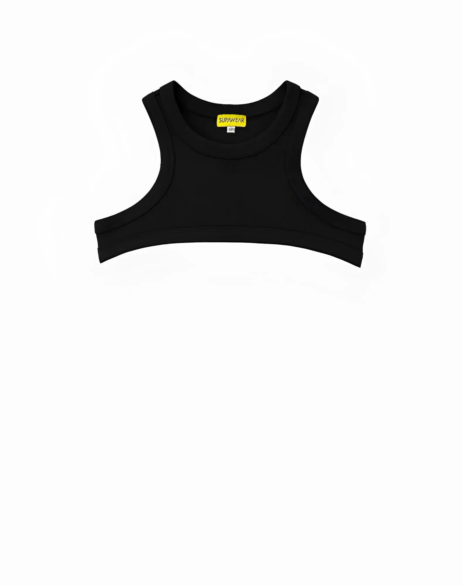 Black sleeveless ribbed cropped top with round neckline by SUPAWEAR perfect for casual wear