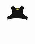 Black sleeveless ribbed cropped top with round neckline by SUPAWEAR perfect for casual wear
