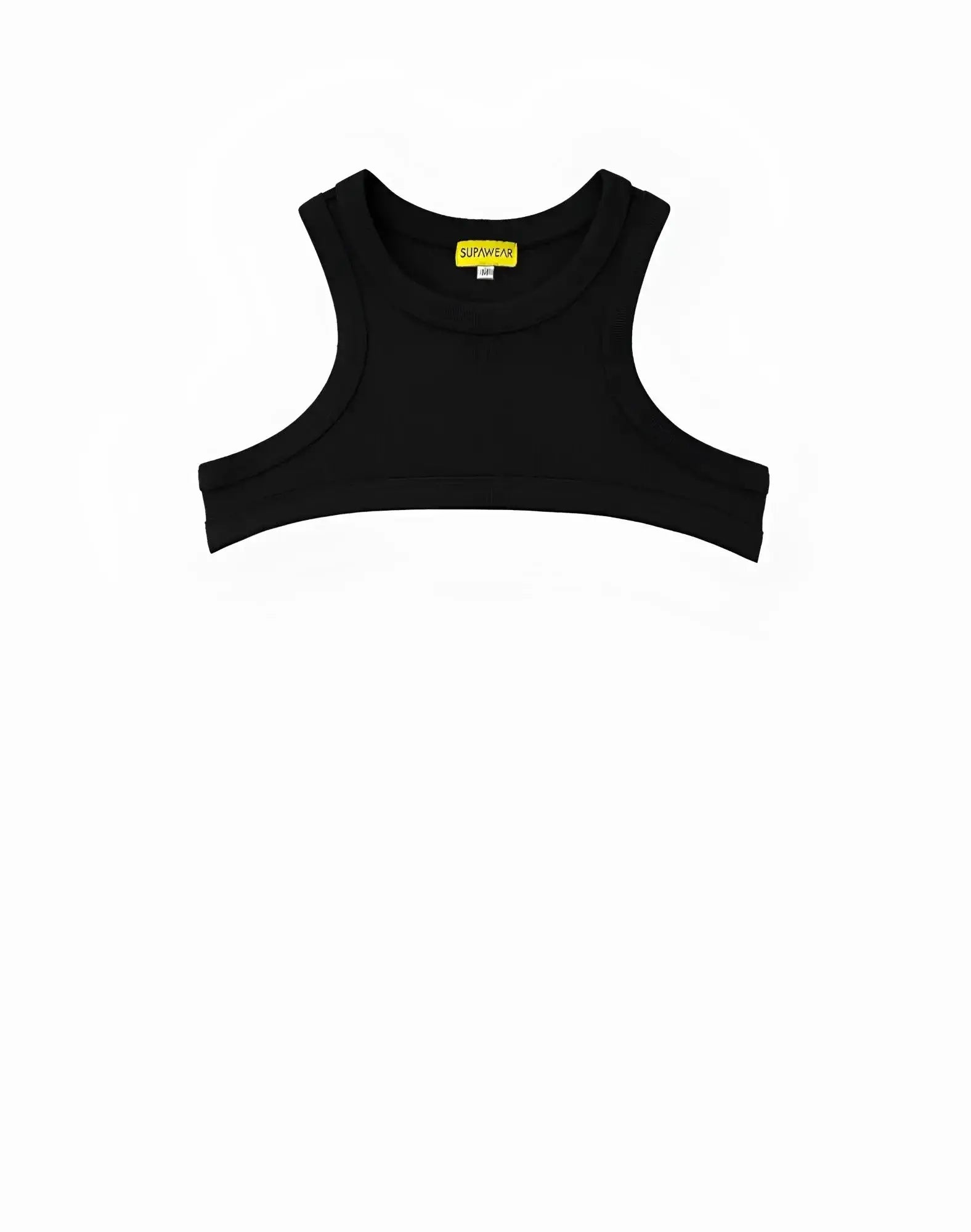 Black sleeveless ribbed cropped top with round neckline by SUPAWEAR perfect for casual wear