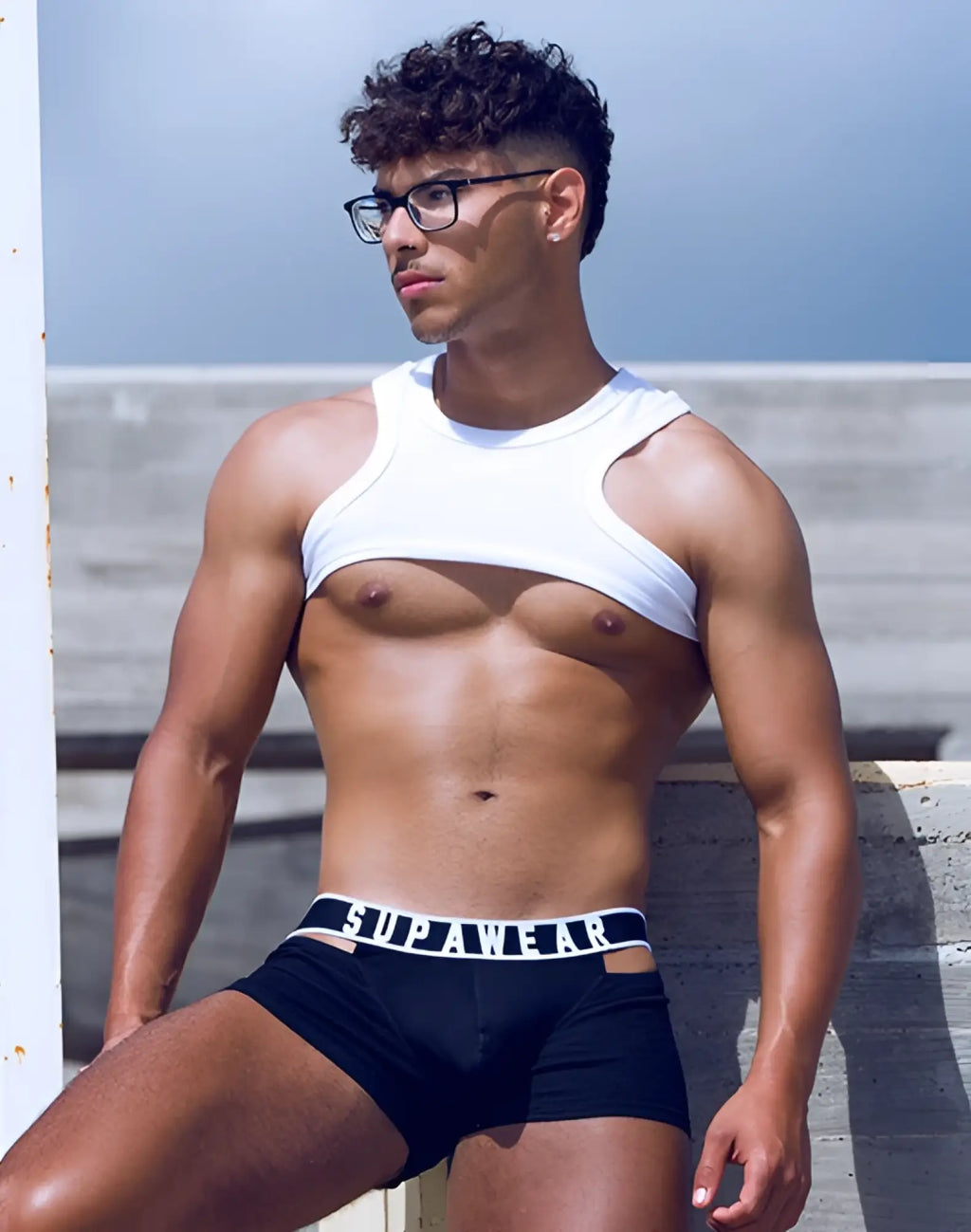 Black supawear boxer briefs with white elastic waistband featuring brand name in bold black lettering