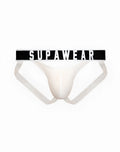 White supawear ribbed slashed jockstrap briefs with black elastic waistband featuring bold white lettering
