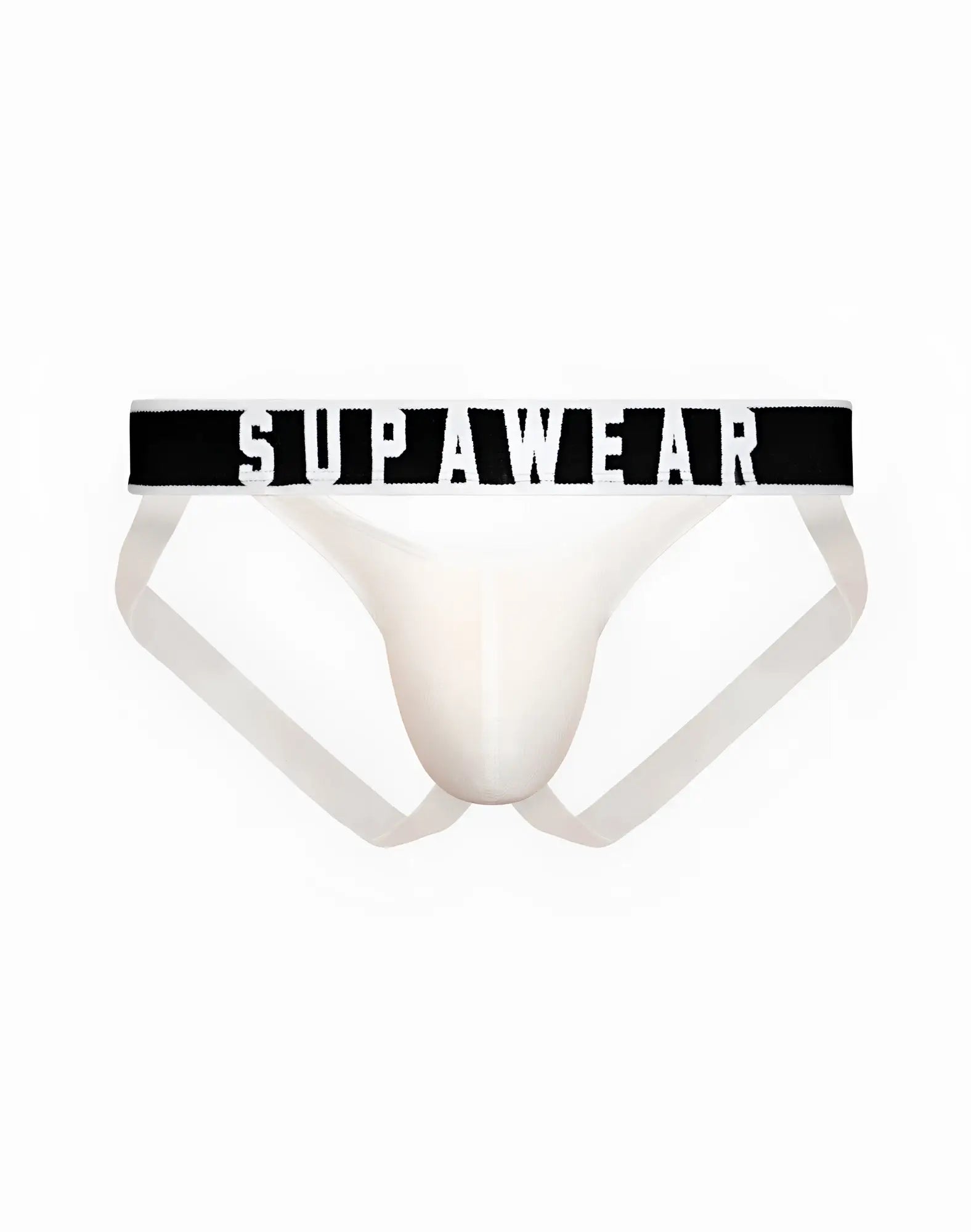 White supawear ribbed slashed jockstrap briefs with black elastic waistband featuring bold white lettering