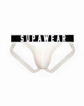 White supawear ribbed slashed jockstrap briefs with black elastic waistband featuring bold white lettering