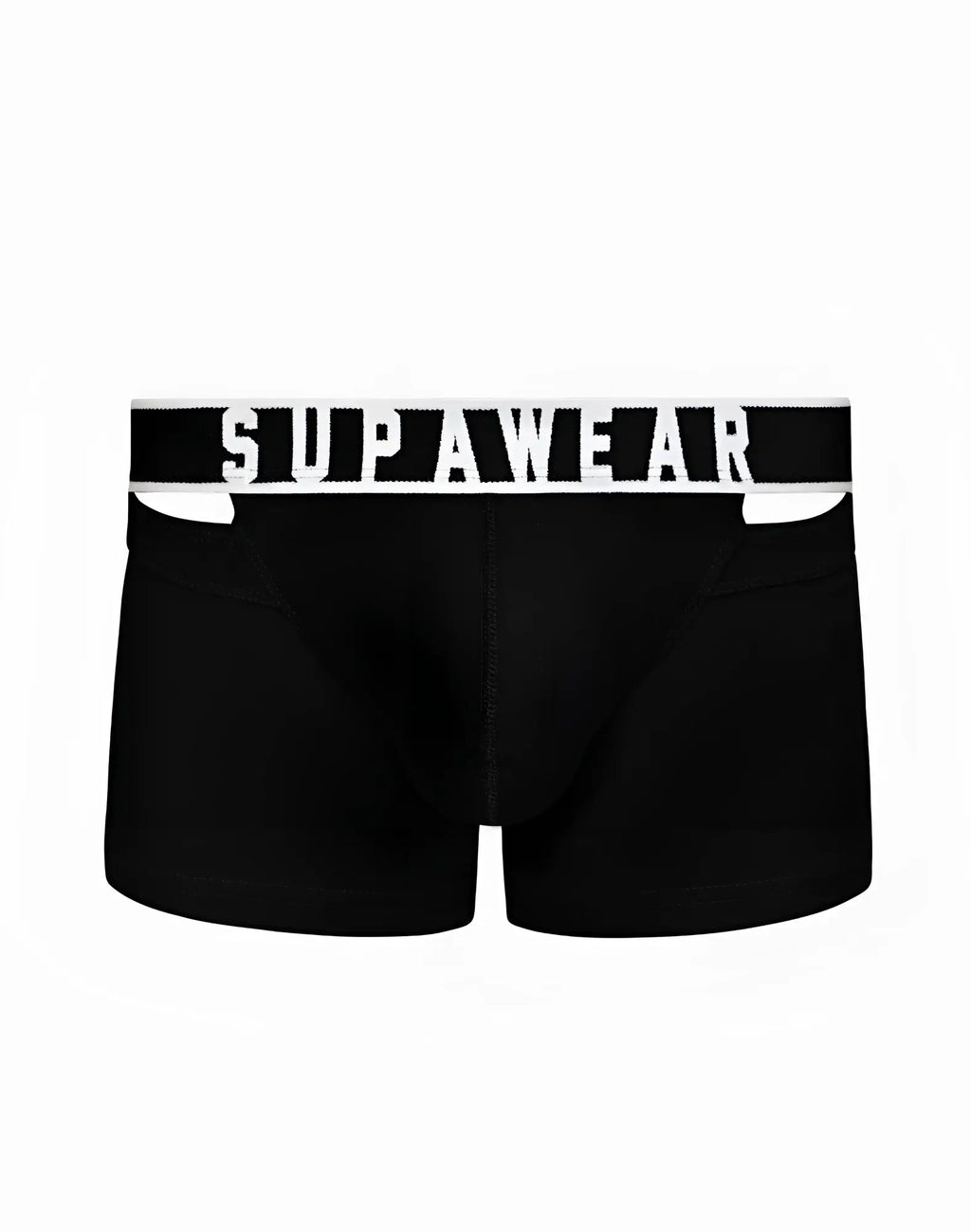 Black supawear ribbed slashed trunk boxer briefs with white elastic waistband featuring bold brand lettering