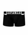 Black supawear ribbed slashed trunk boxer briefs with white elastic waistband featuring bold brand lettering