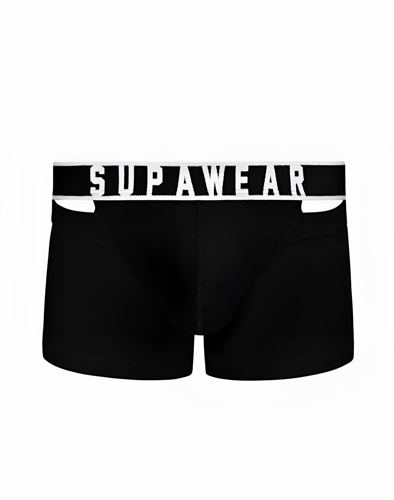 Black supawear ribbed slashed trunk boxer briefs with white elastic waistband featuring bold brand lettering