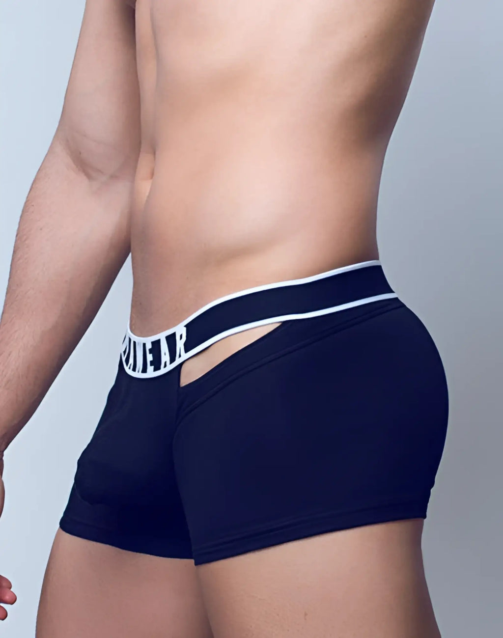 Navy blue SUPAWEAR ribbed slashed trunk underwear with white elastic waistband and bold black shear lettering