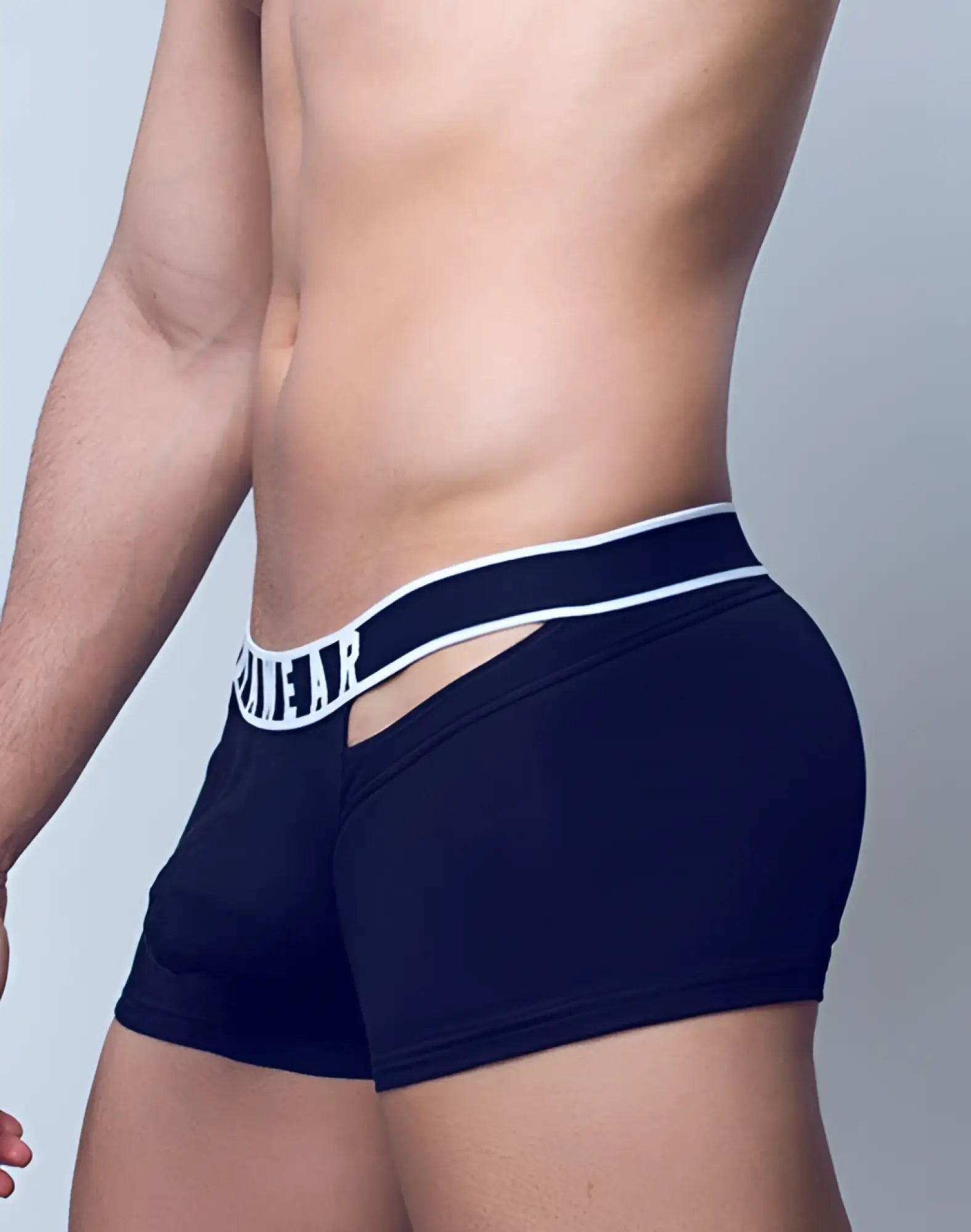 Navy blue SUPAWEAR ribbed slashed trunk underwear with white elastic waistband and bold black shear lettering