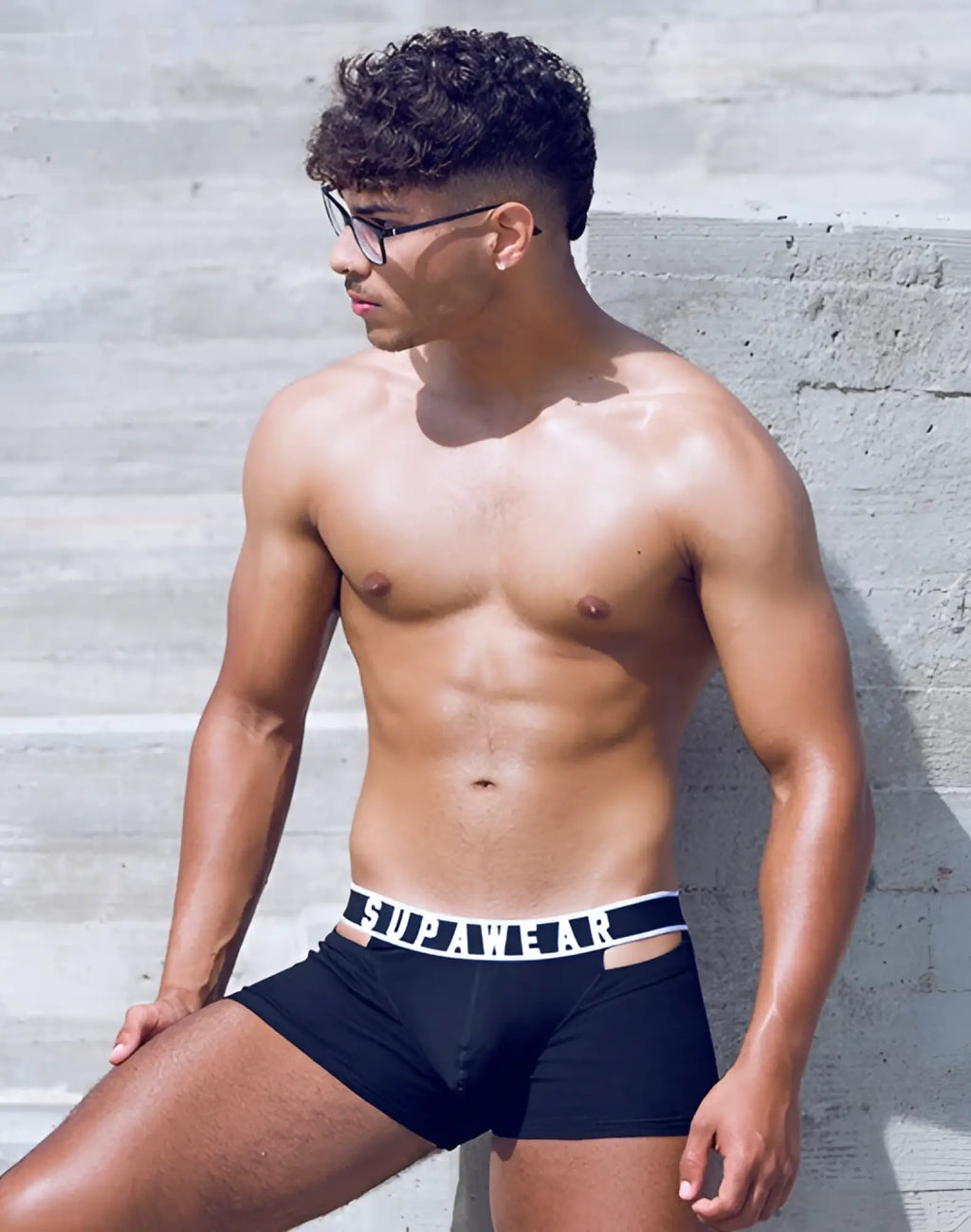 Black supawear ribbed slashed trunk underwear briefs with white elastic waistband featuring brand name logo