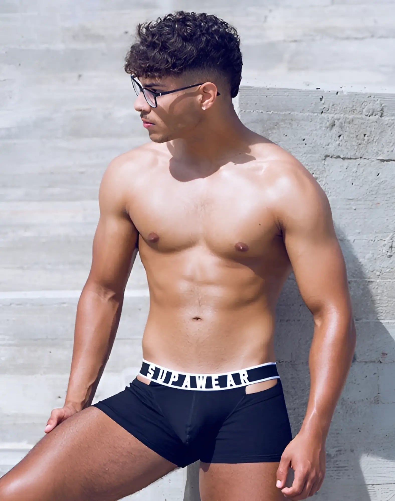 Black supawear ribbed slashed trunk underwear briefs with white elastic waistband featuring brand name logo