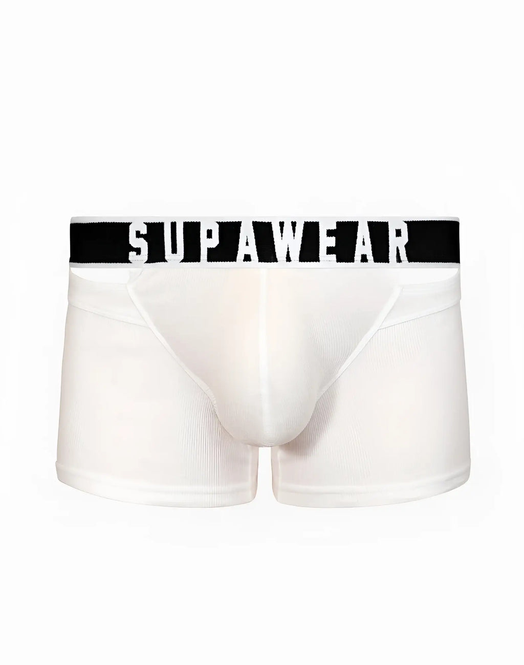 White supawear ribbed slashed trunk briefs with black waistband and white lettering for comfortable everyday wear