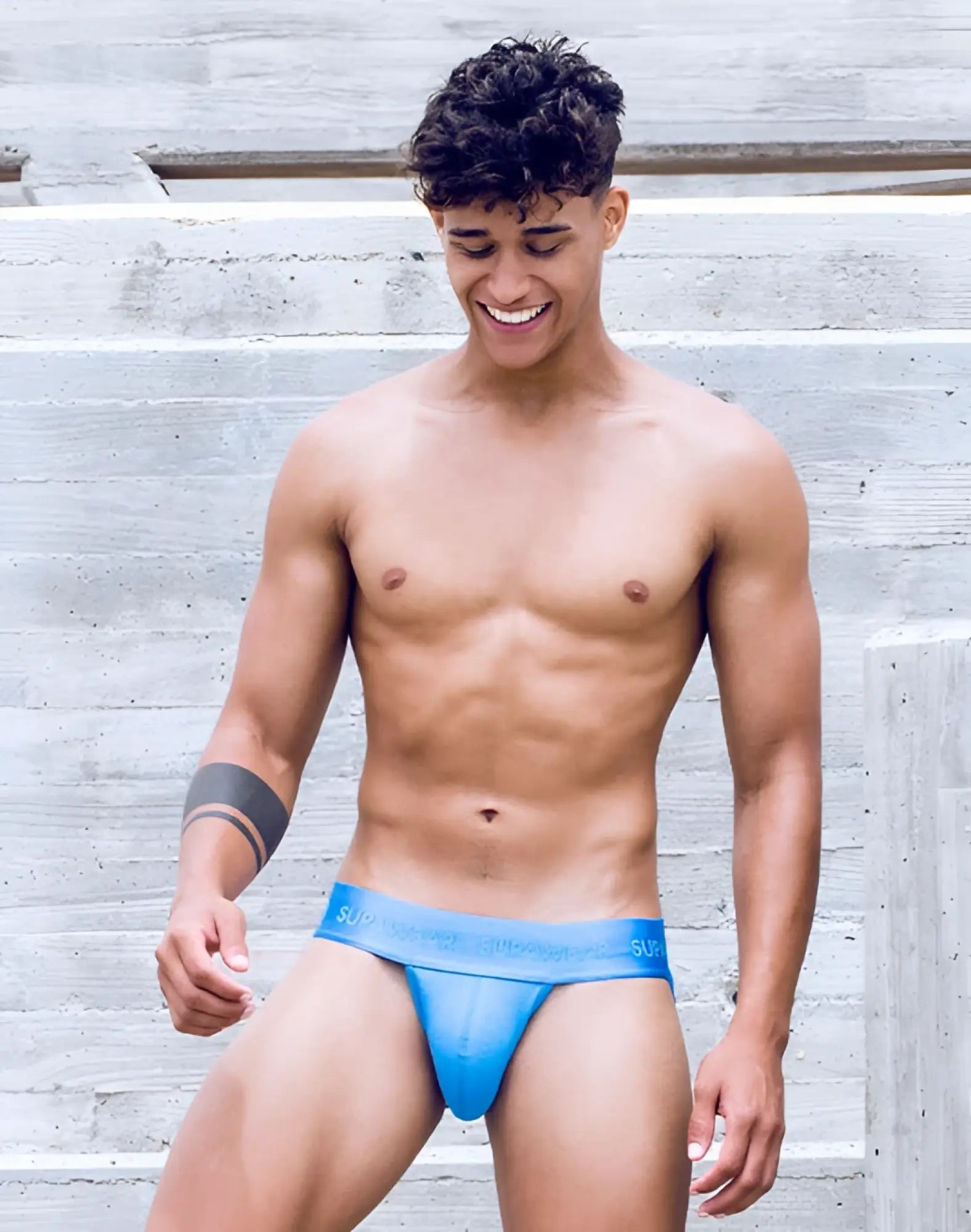 Blue supawear ribbed thong underwear in marina color with snug fit and supreme branded waistband