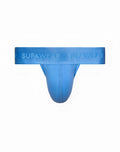 Blue supawear ribbed thong underwear with embossed brand name on waistband shown from the back in marina color