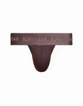 Brown supawear ribbed thong underwear in peppercorn with textured fabric and repeating logo waistband shown from back side
