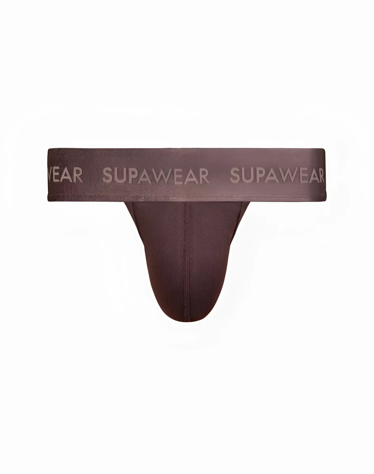 Brown supawear ribbed thong underwear in peppercorn with textured fabric and repeating logo waistband shown from back side