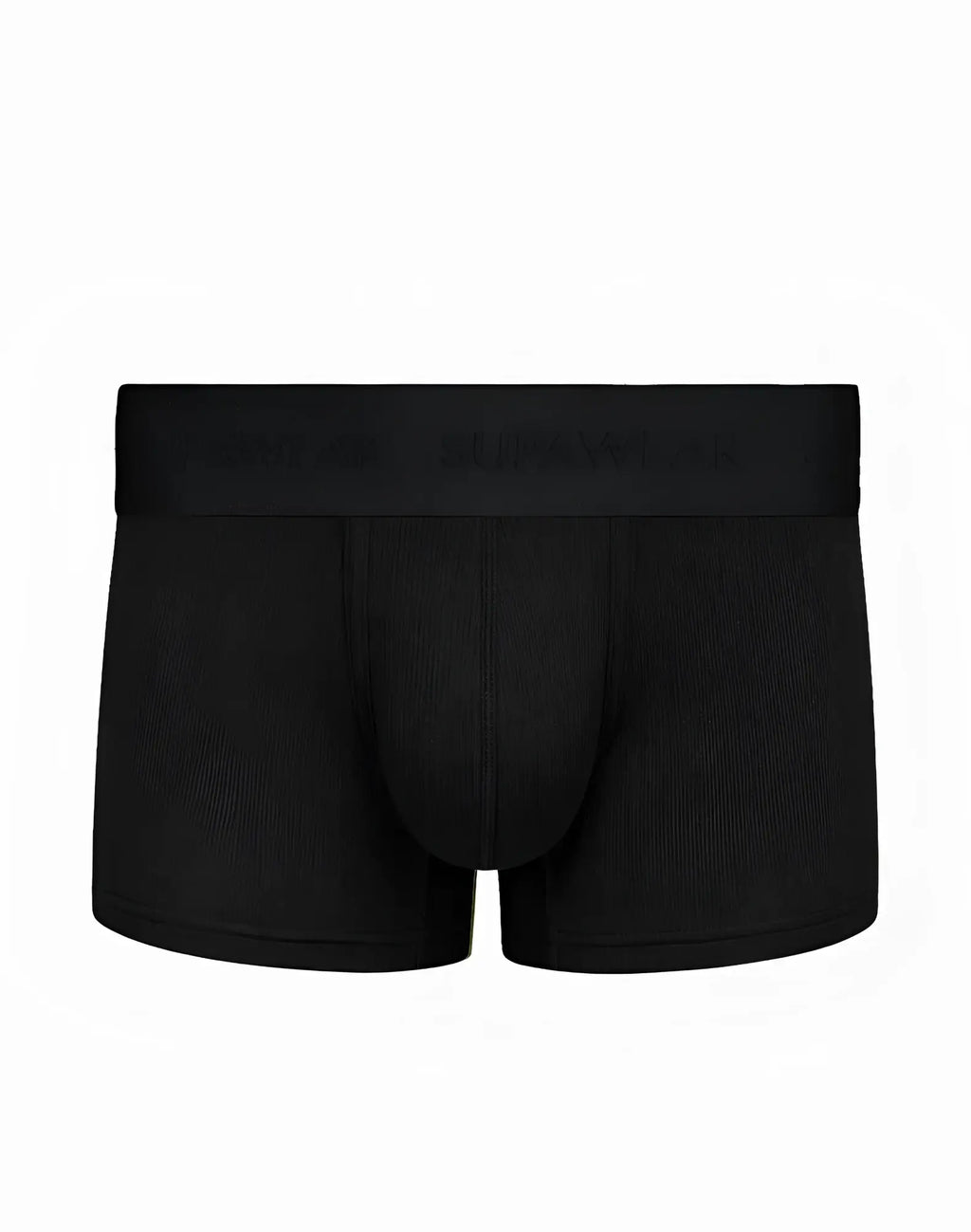 Black mens SUPAWEAR ribbed trunk underwear with smooth form fitting design and subtle elastic waistband in black