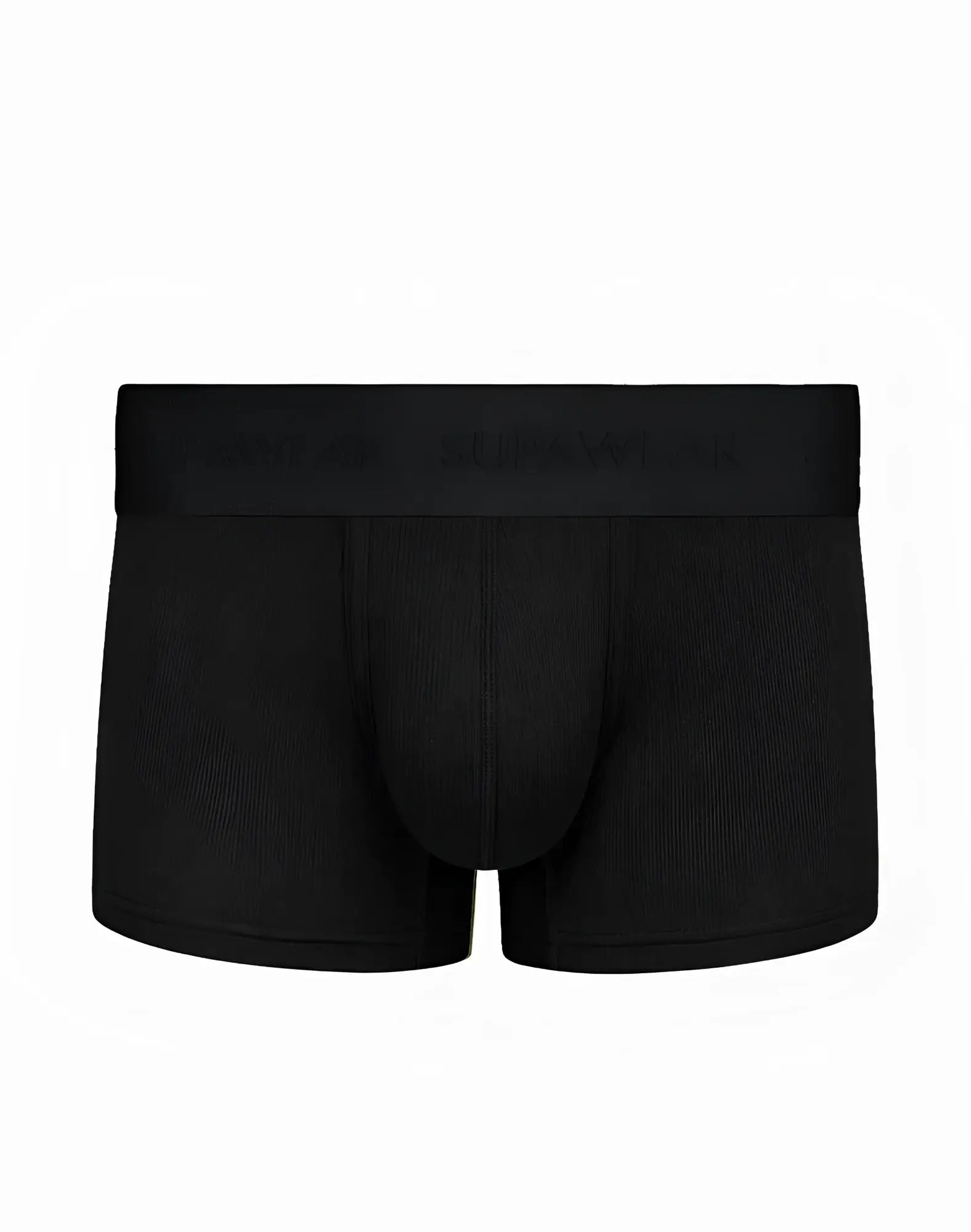 Black mens SUPAWEAR ribbed trunk underwear with smooth form fitting design and subtle elastic waistband in black