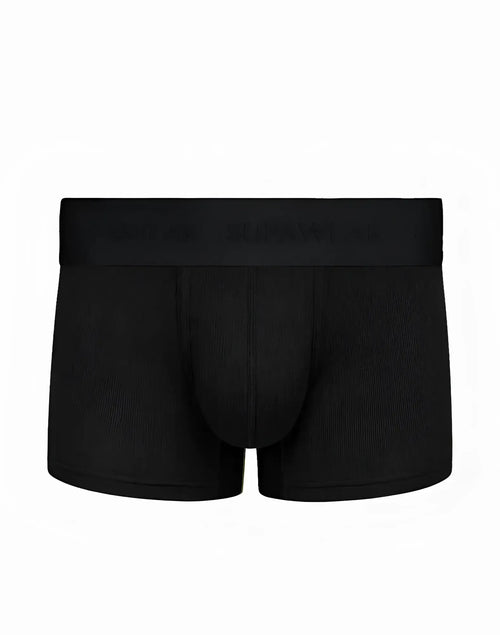 Black mens SUPAWEAR ribbed trunk underwear with smooth form fitting design and subtle elastic waistband in black