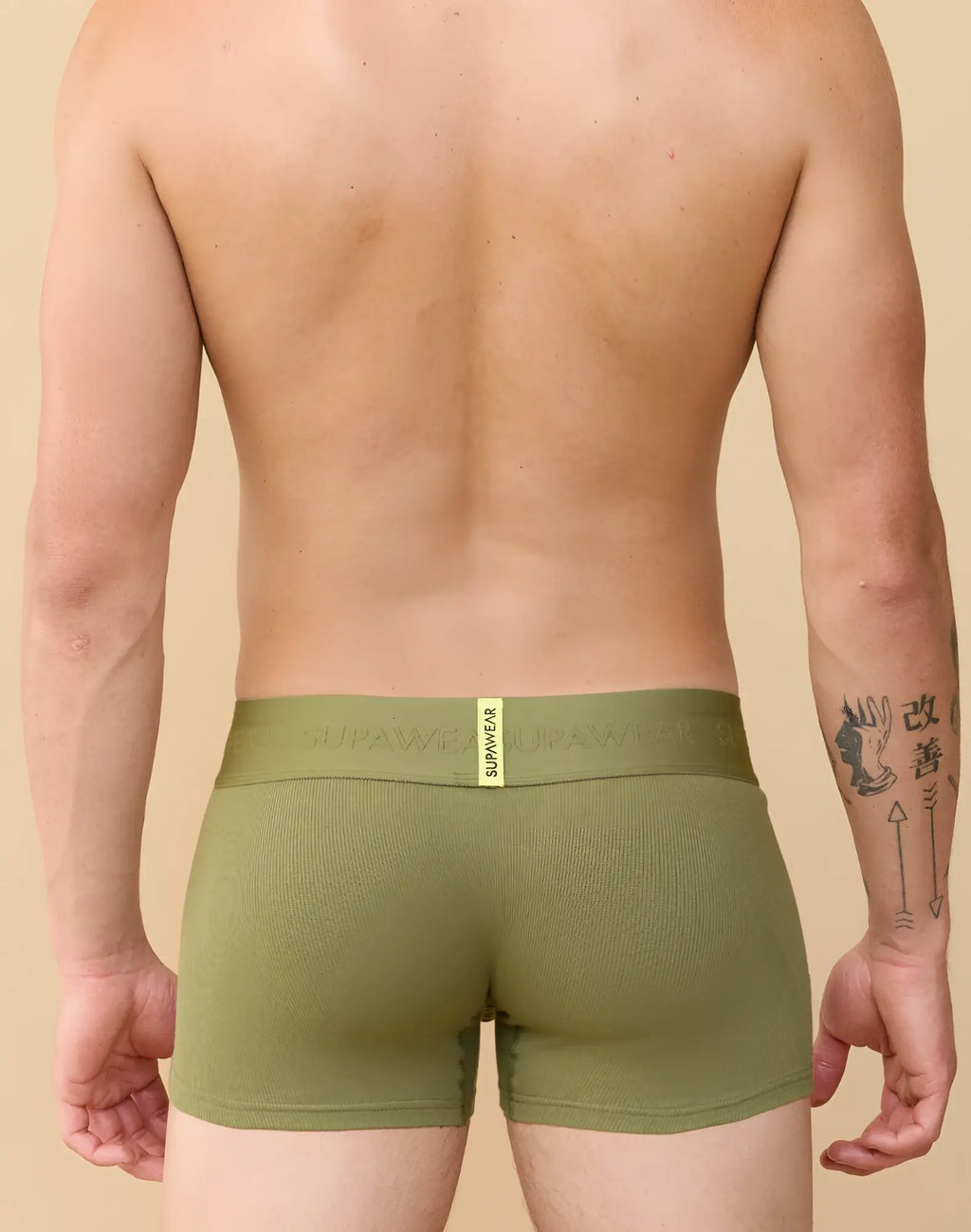 Olive green ribbed SUPAWEAR trunk underwear with branded waistband designed for comfort and support
